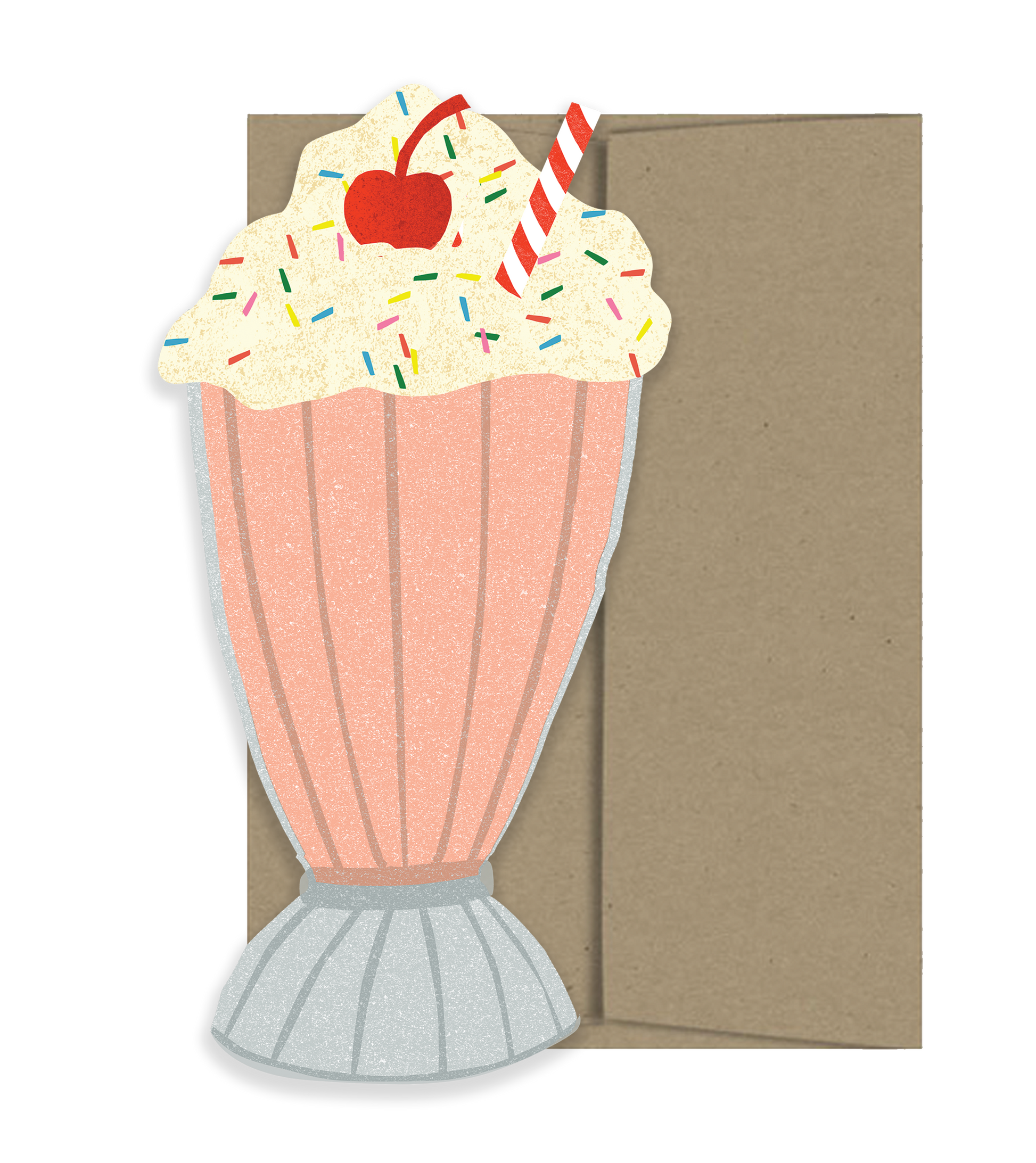 Cutout card with a design of a pink milkshake with whipped cream, a red cherry, and sprinkles on a brown background.