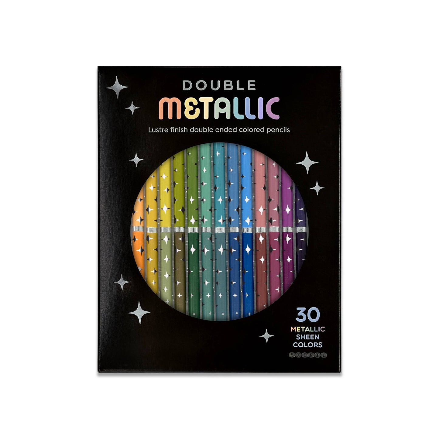 Pack of double-ended metallic colored pencils with a rainbow pattern on a black background