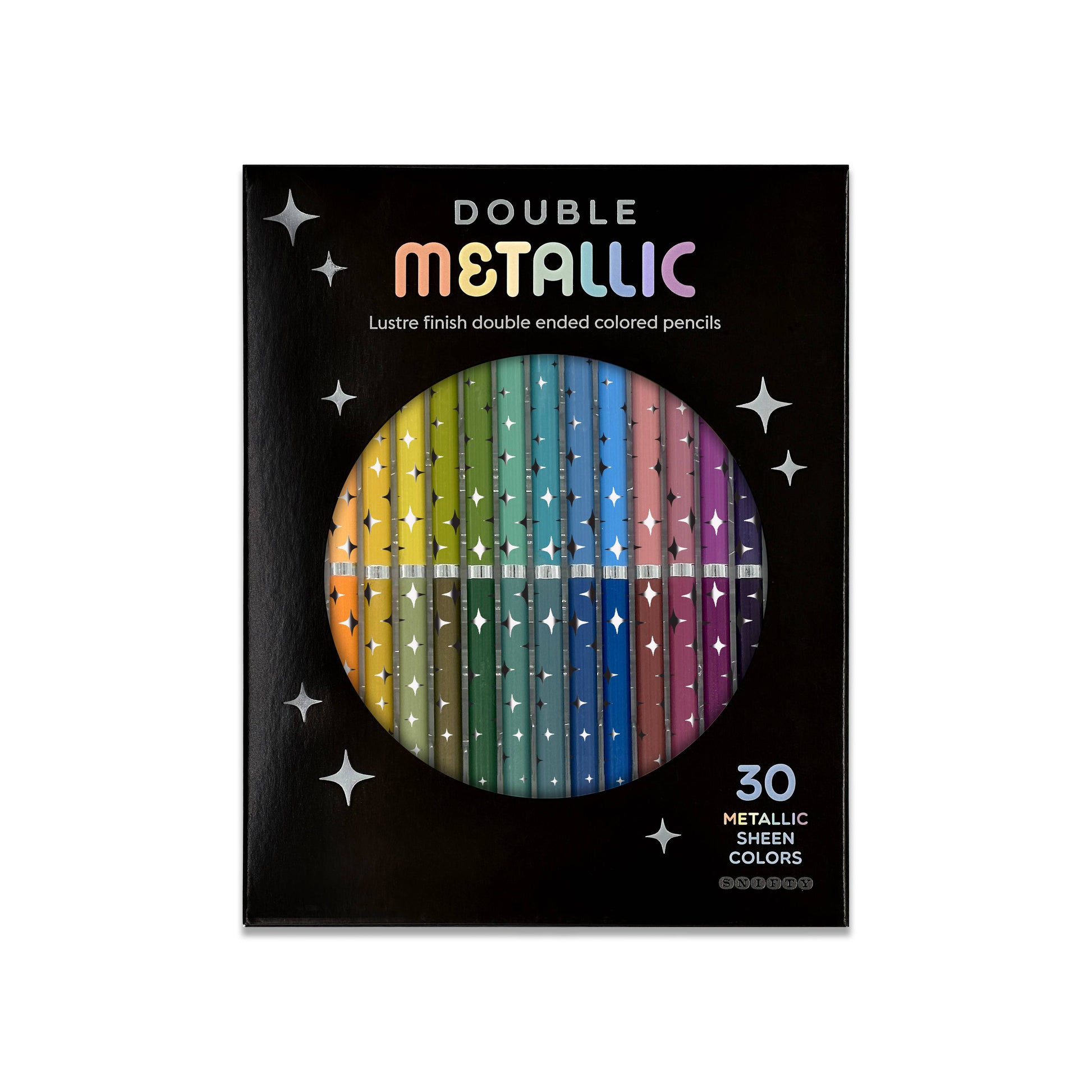 Pack of double-ended metallic colored pencils with a rainbow pattern on a black background