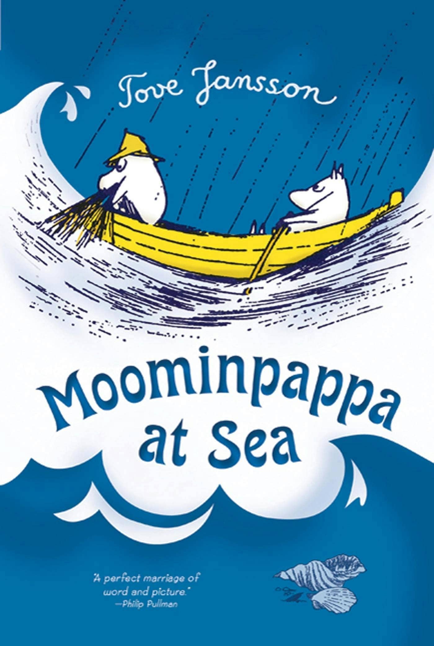 Book cover of 'Moominpappa at Sea' by Tove Jansson with two characters in a boat on a blue background.