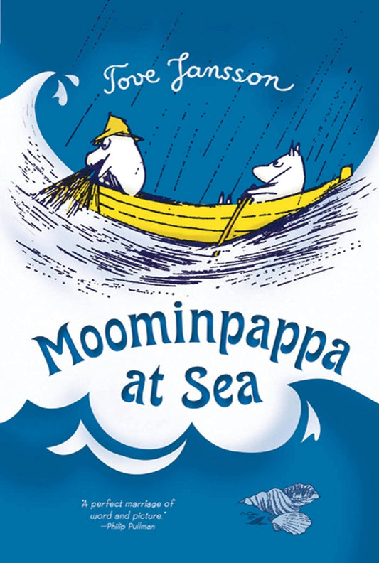 Book cover of 'Moominpappa at Sea' by Tove Jansson with two characters in a boat on a blue background.