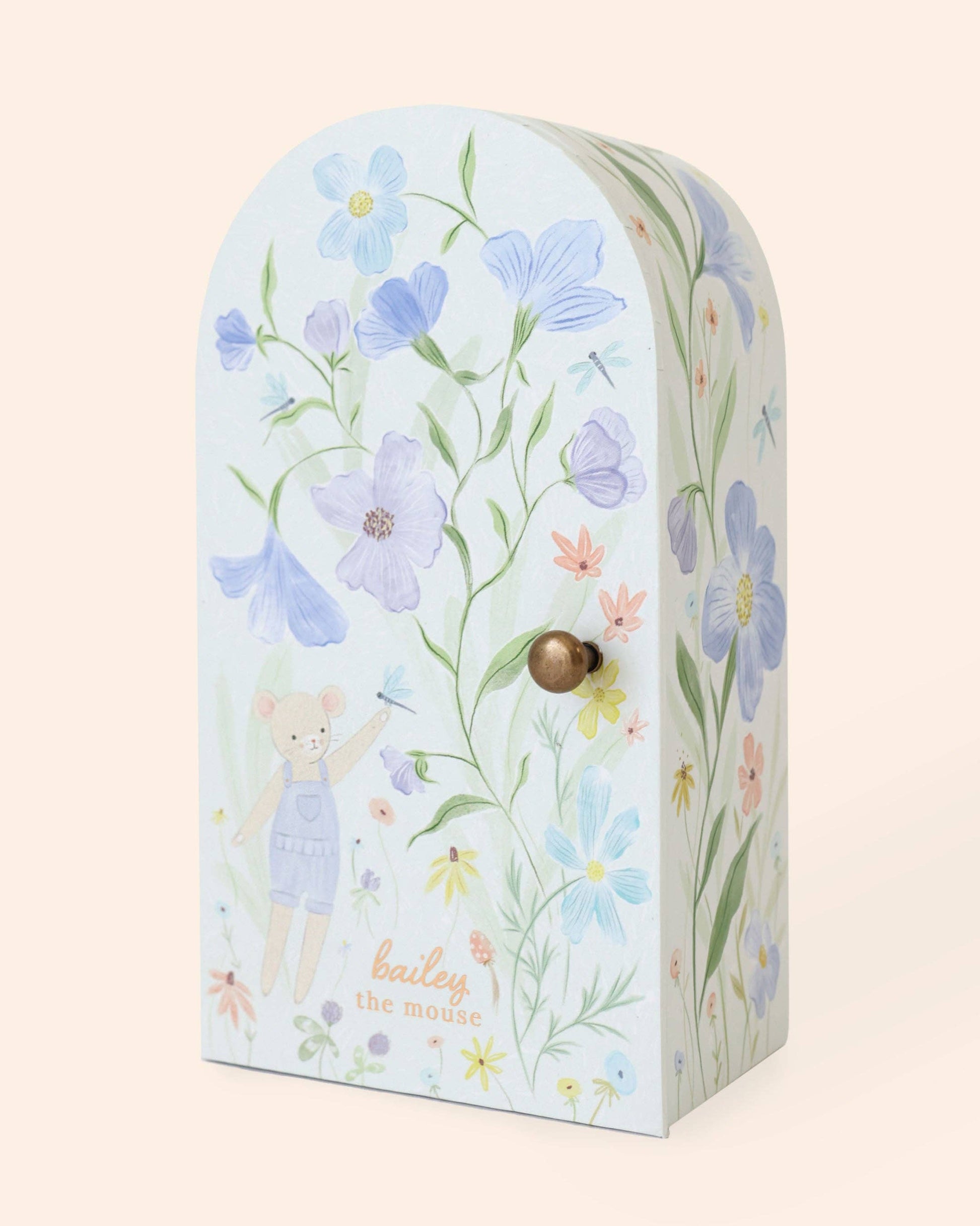 Decorative box with floral design and a mouse holding flowers on a light blue background