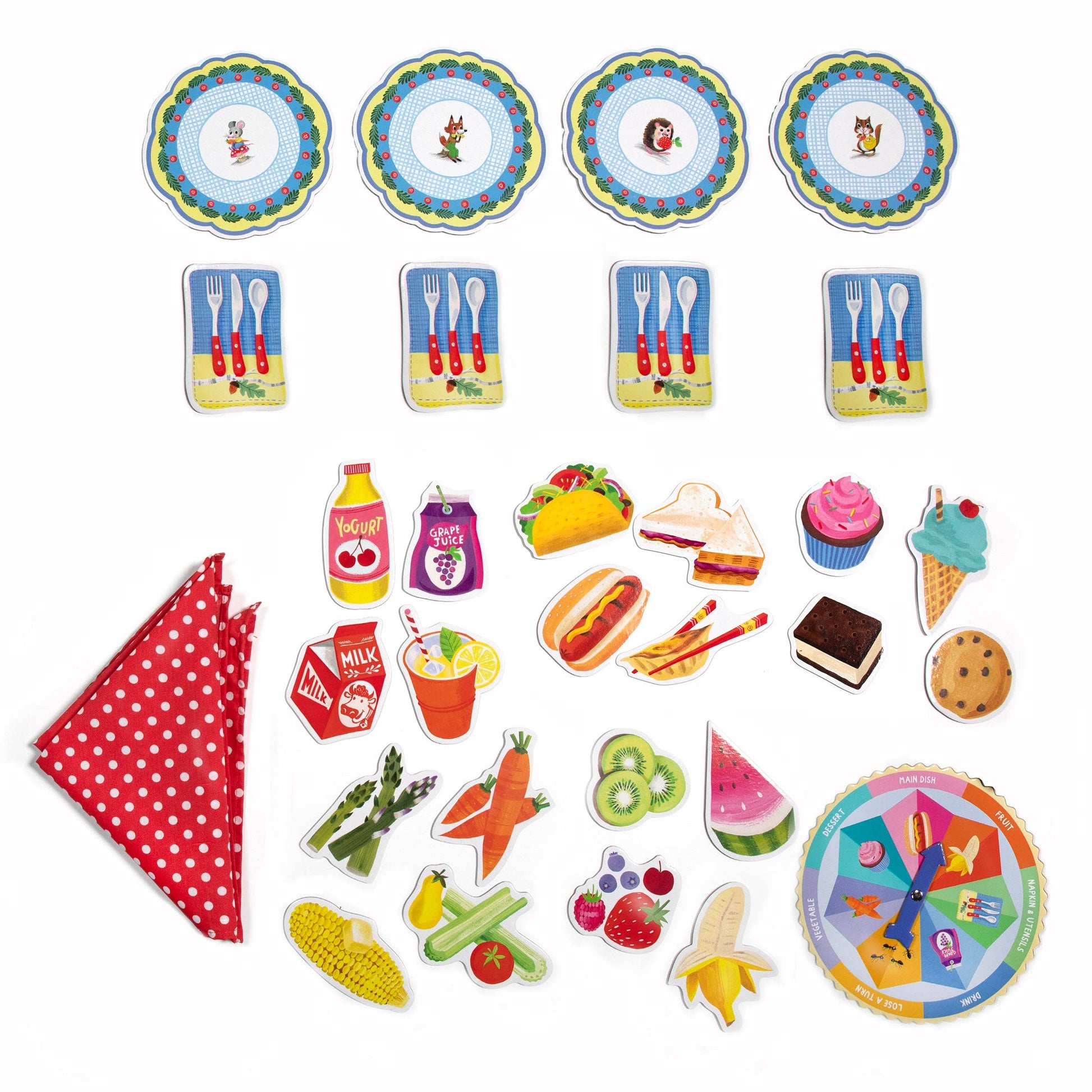 Collection of colorful food and dining-themed game pieces on a white background
