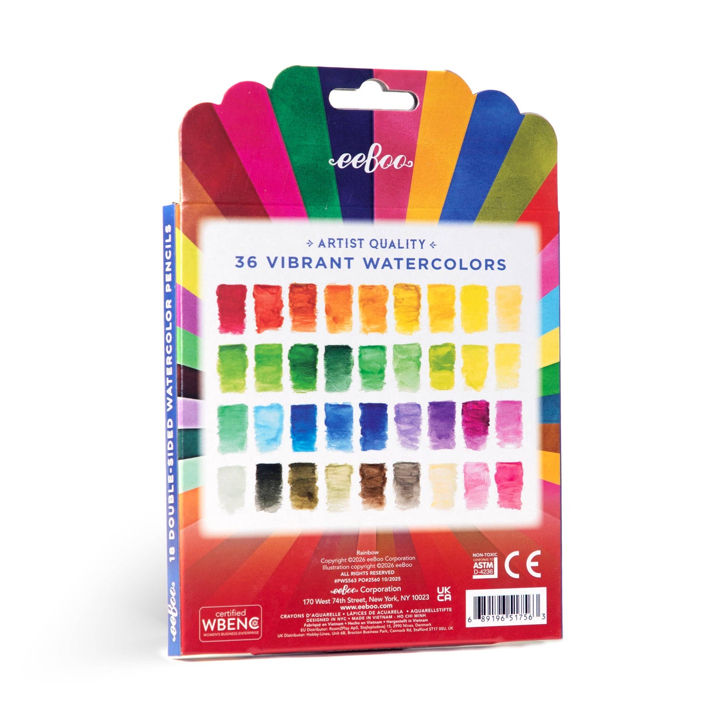 Packaging of 36 vibrant watercolor pencils with colorful design on a white background
