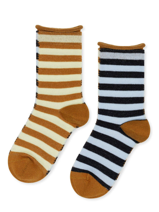 Pair of striped socks, one showing beige and brown side and the other showing the blue and black side