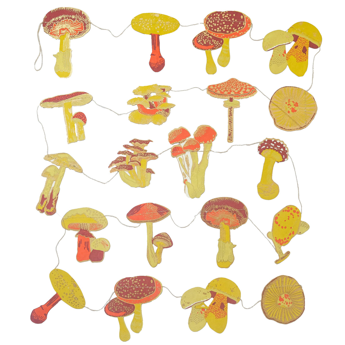 Full mushroom paper garland with yellow, orange and red mushroom shapes arranged on a white background.