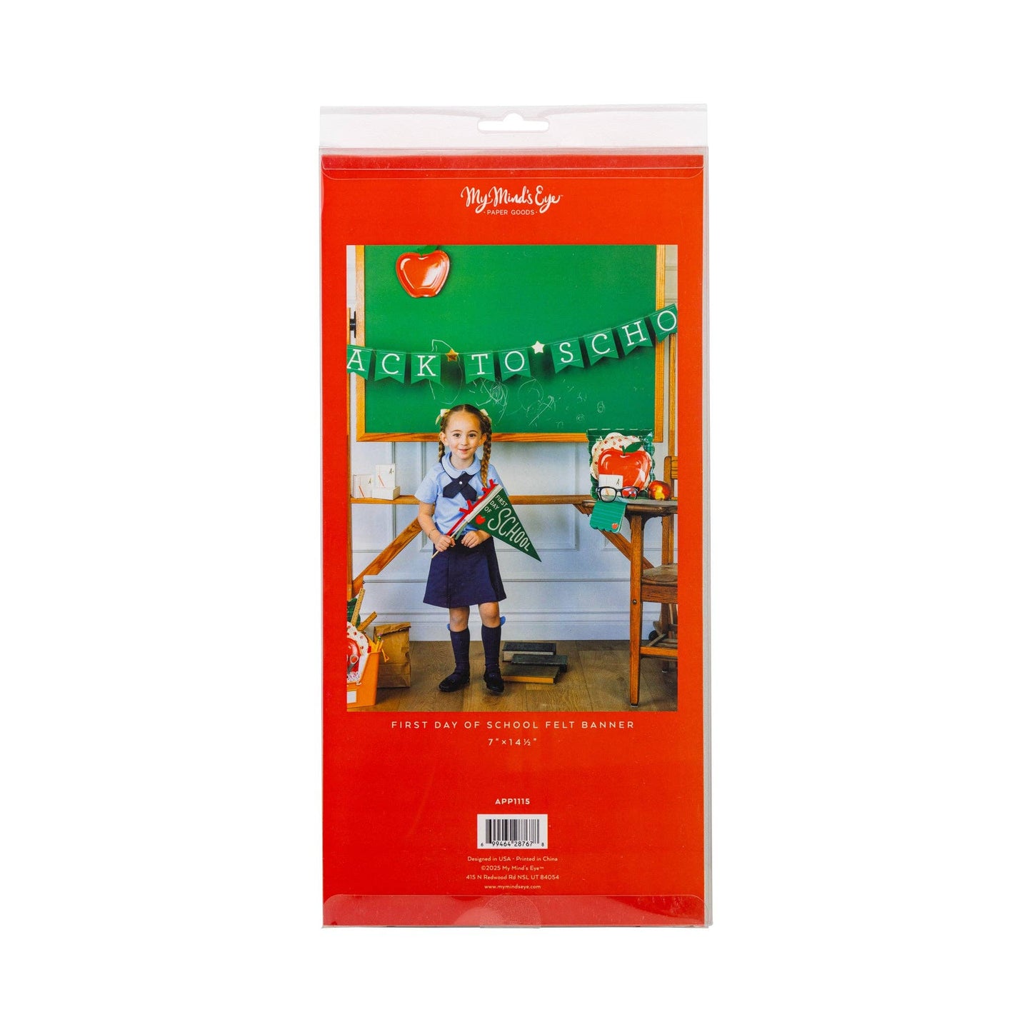 Back of pennant package, featuring picture of child holding pennant in classroom setting