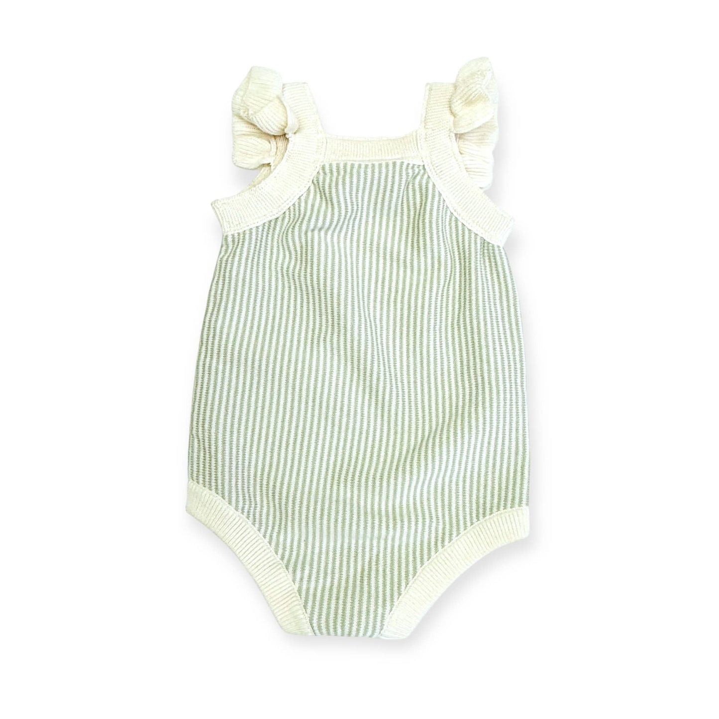 Green and white striped baby romper with bow details on a white background