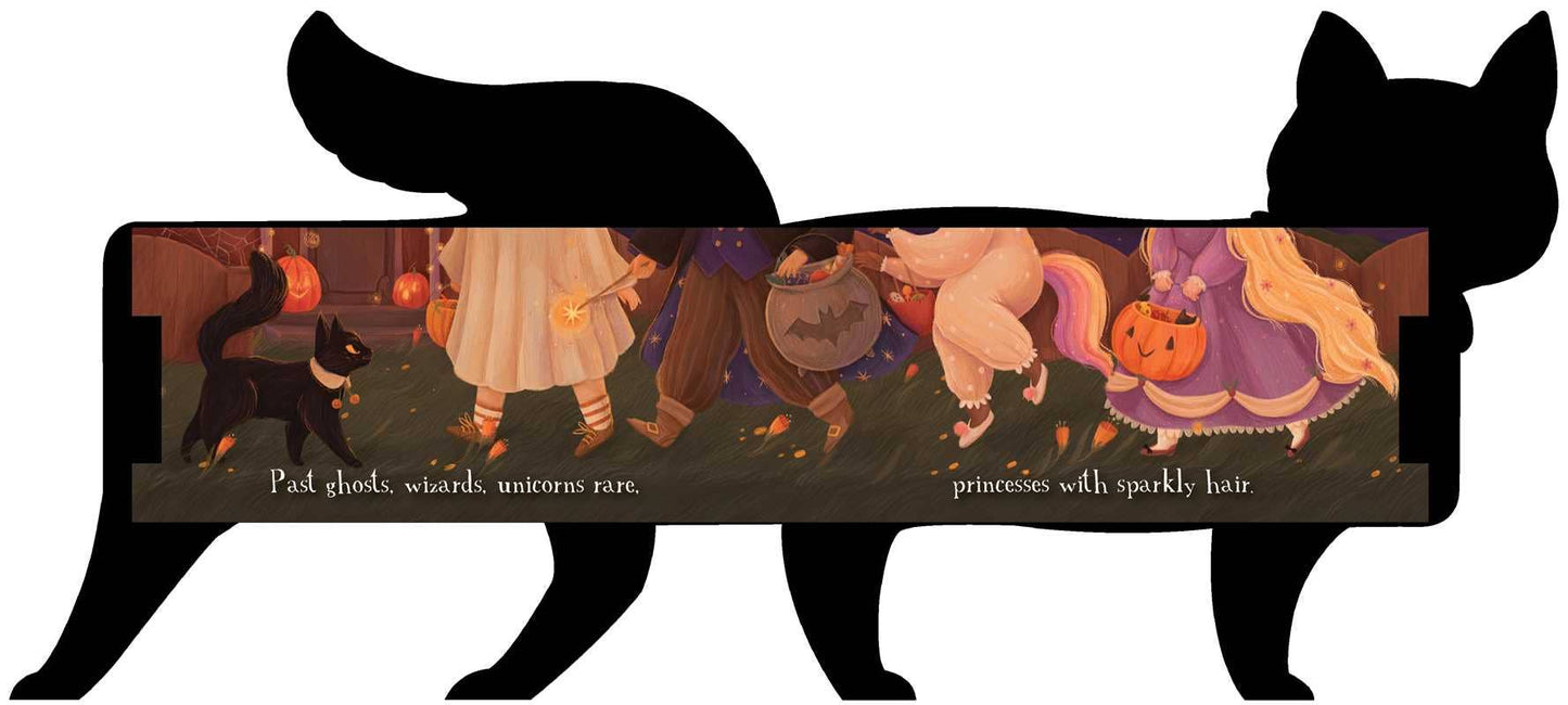 Bench with black cat-shaped legs and a colorful design on the seat.