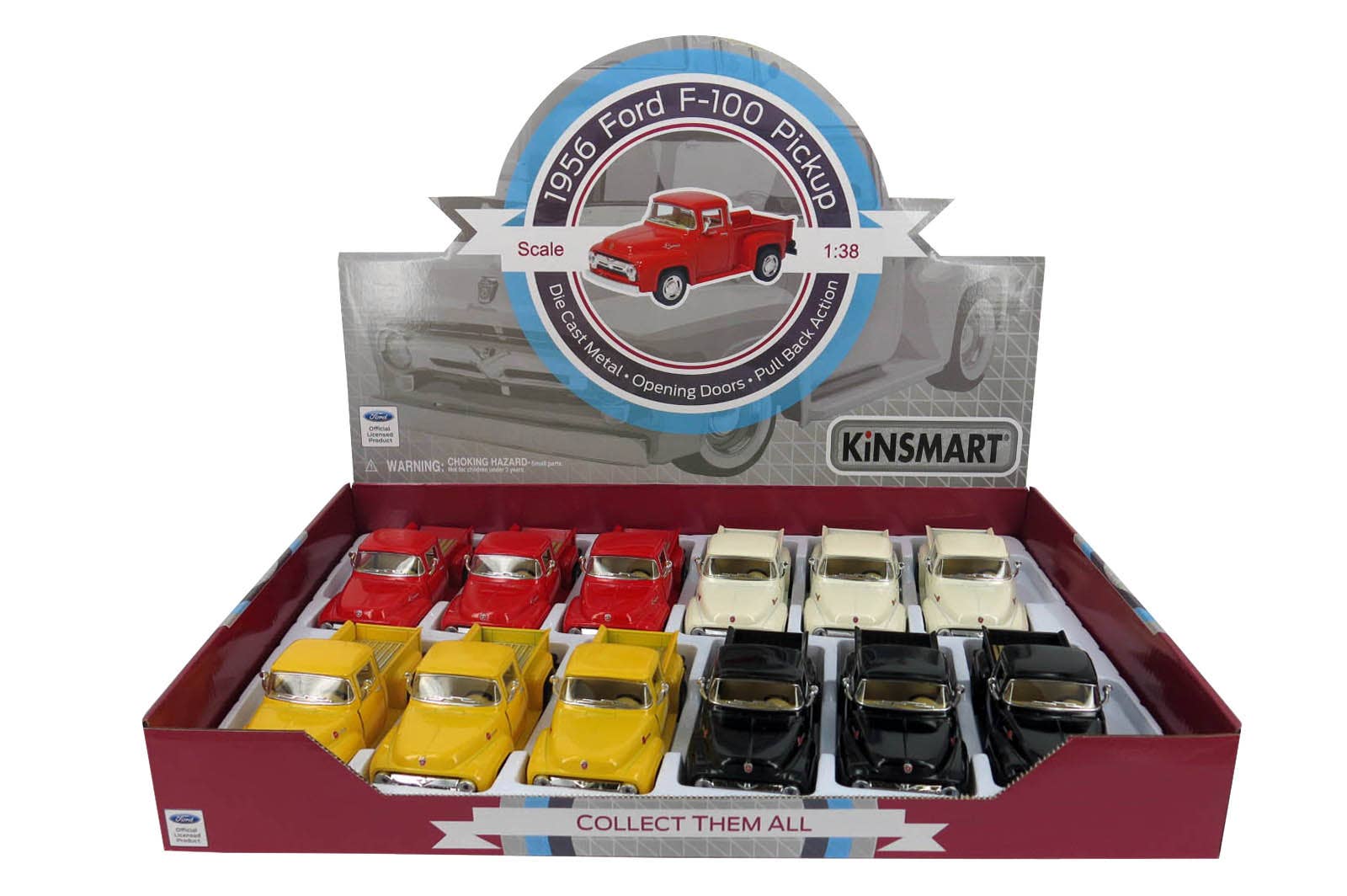Display box of Kinsmart toy cars with a 1956 Ford F-100 Pickup model on top.