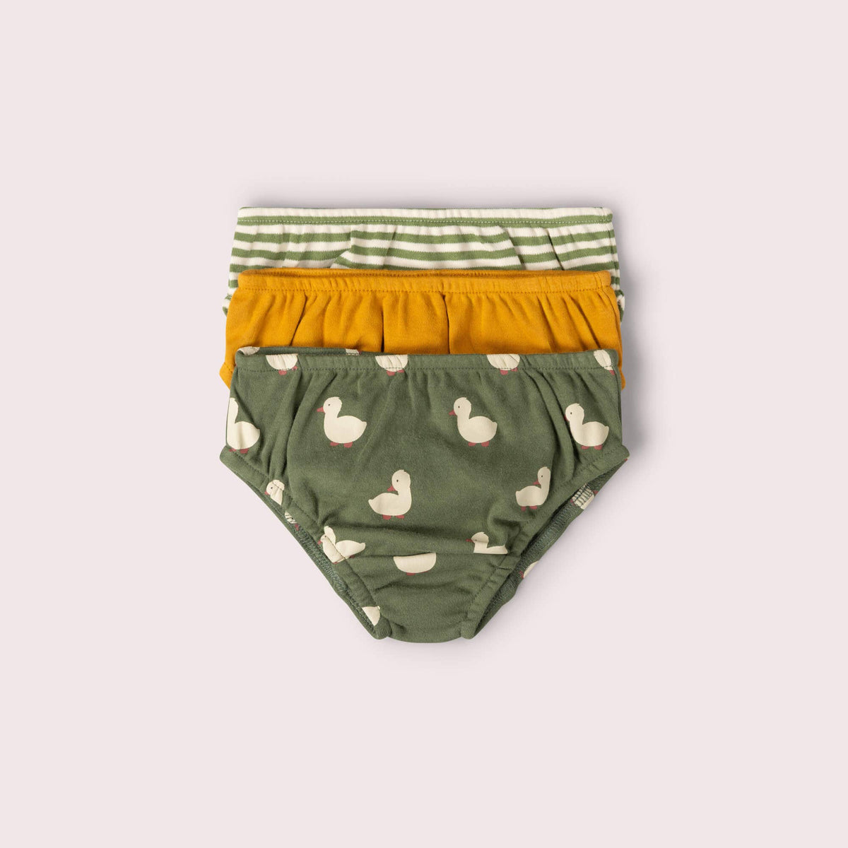 Three pairs of children's underwear in olive duck print, mustard yellow and green stripes.