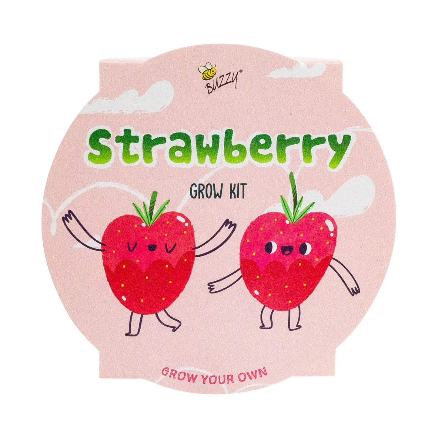 Strawberry grow kit packaging with cartoon strawberries on a pink background