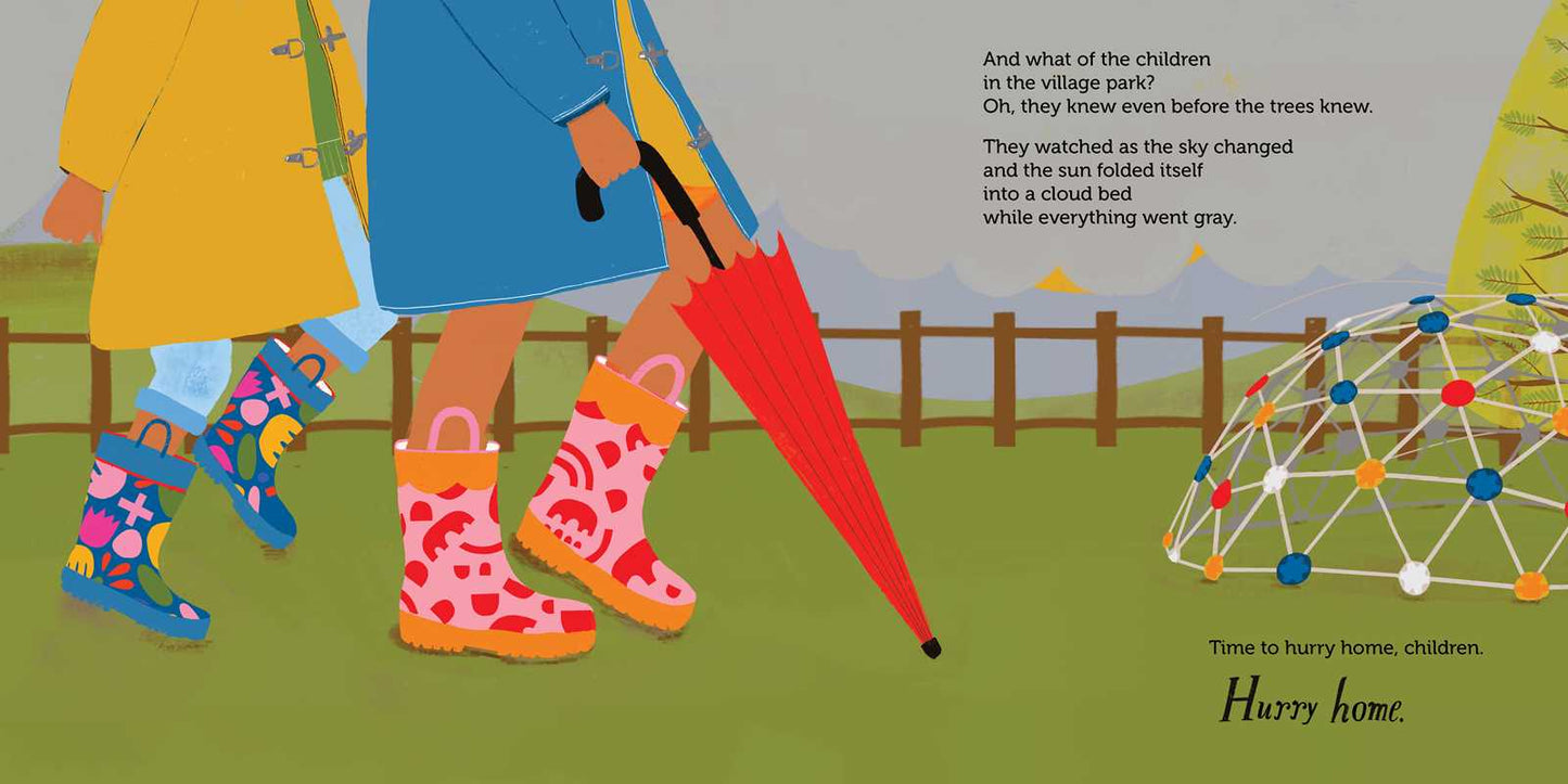 Illustration of children in raincoats and boots with an umbrella, standing near a playground, with text about a storm.