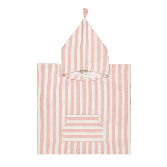 Pink and white striped hooded towel on a white background