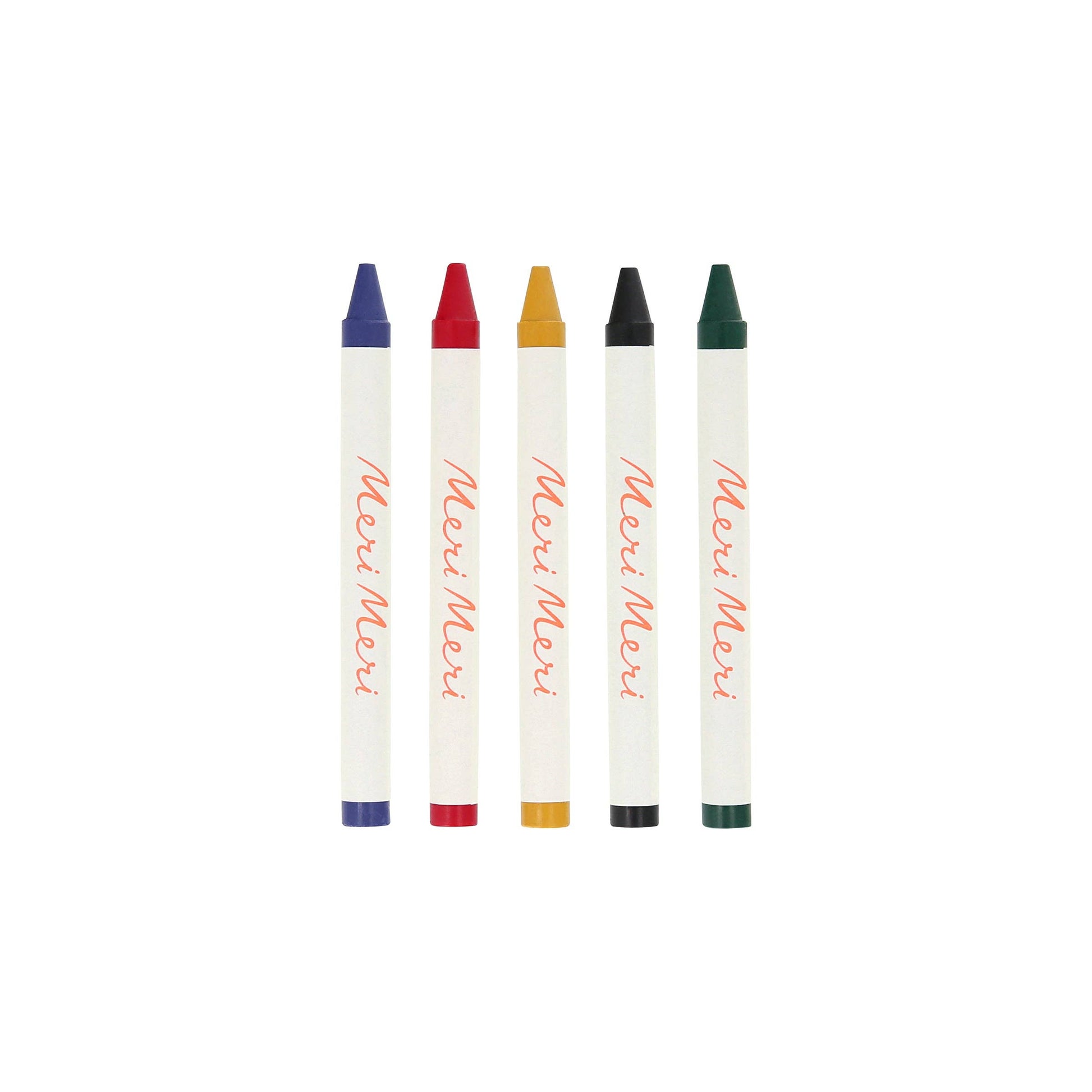 Set of crayons in crimson, ochre, dark green, black and cobalt on a white background