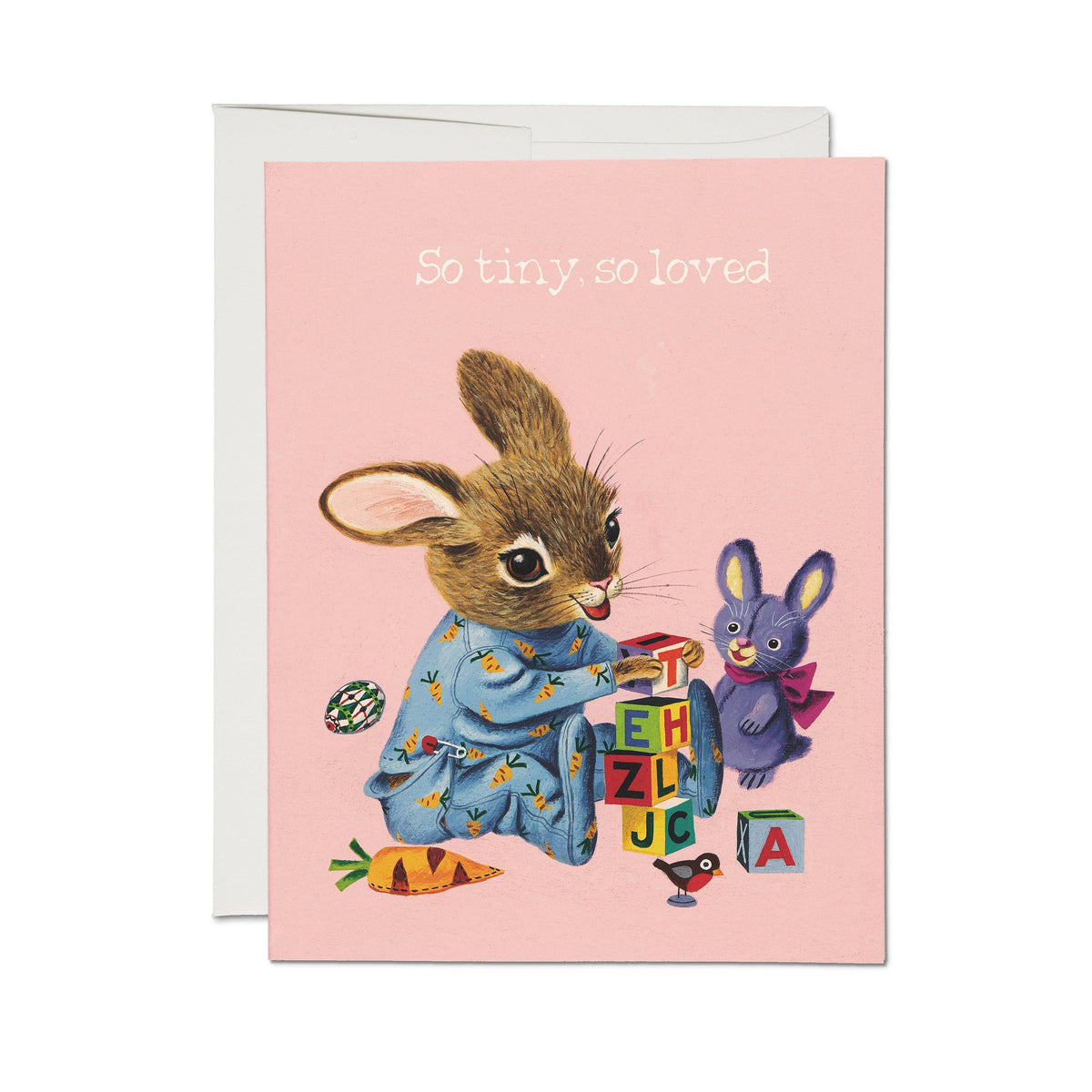 Pink card for new baby with a Richard Scarry illustration of a bunny playing with building blocks and other toys on a pink background and the text, "So tiny, so loved."