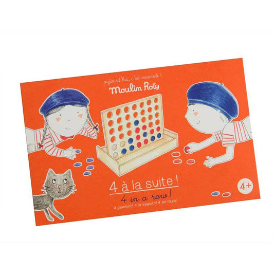 Children's game packaging with illustrations of children playing and a cat, featuring the brand 'Moulin Roty'.