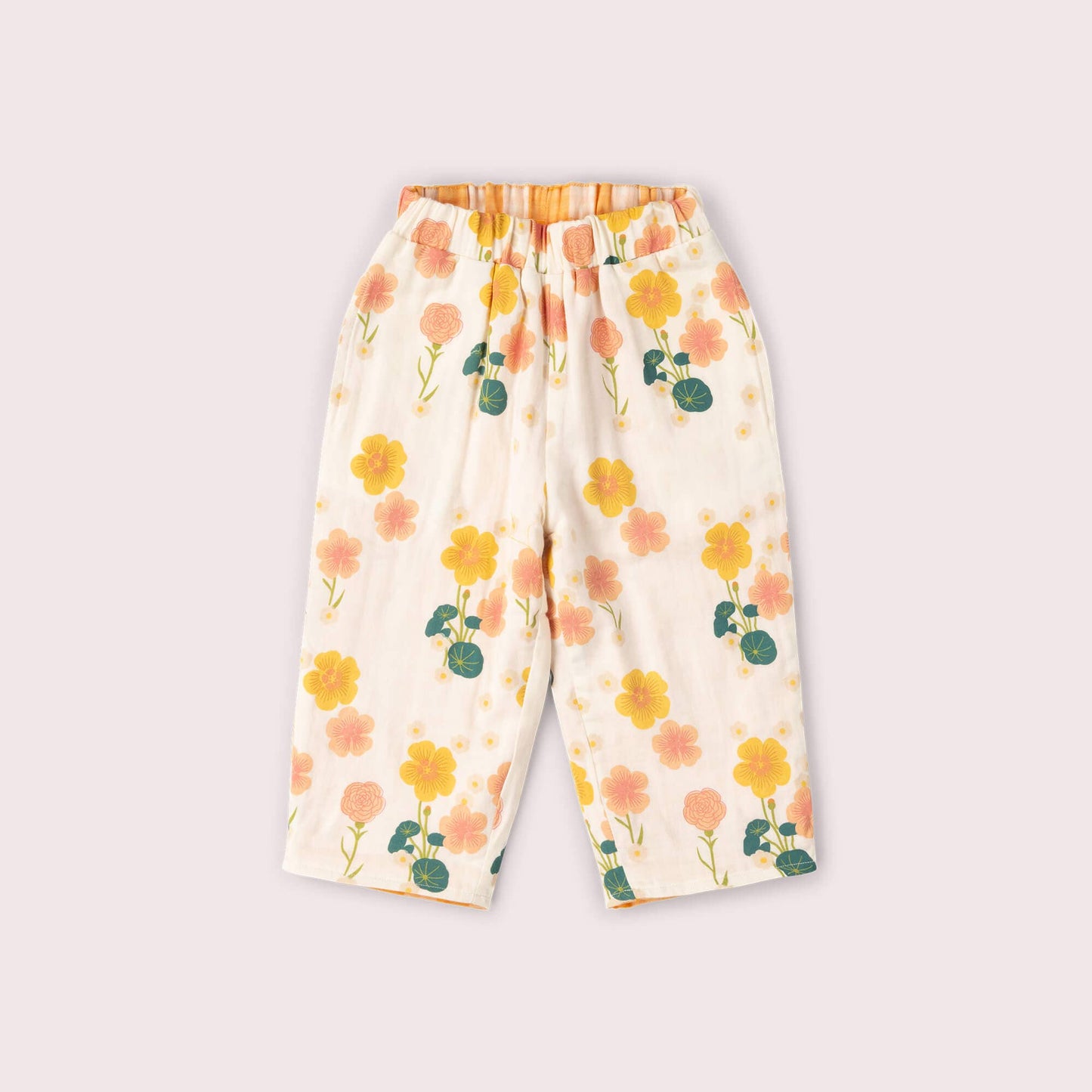 Floral-patterned pants on a light gray background