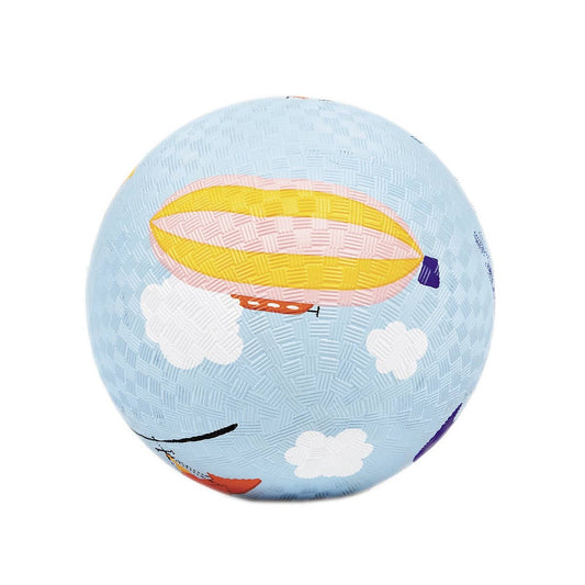 Round blue ball with a striped pink and yellow blimp design on a white background