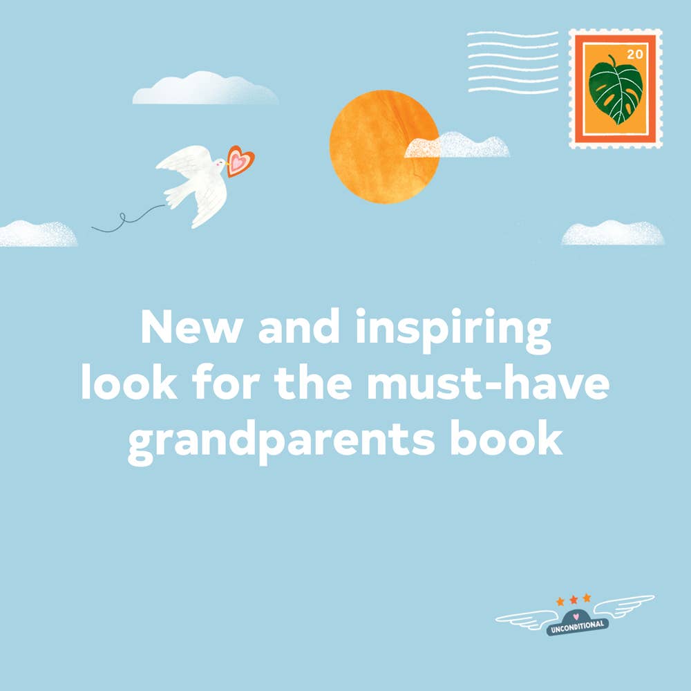 Cartoon dove with heart, sun, and clouds on a blue background with text about a grandparents book.