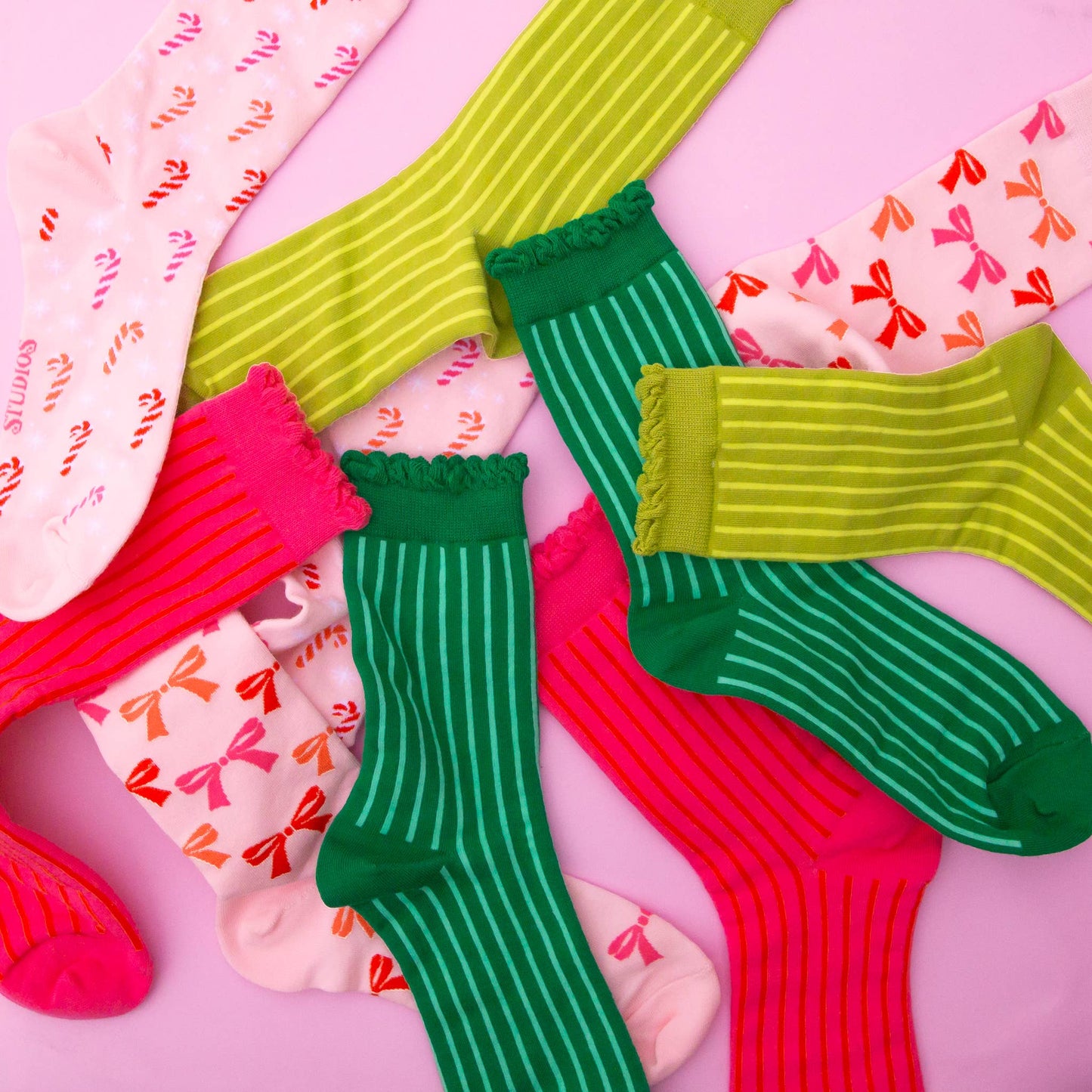 Striped Ruffle Crew Socks | Fuchsia