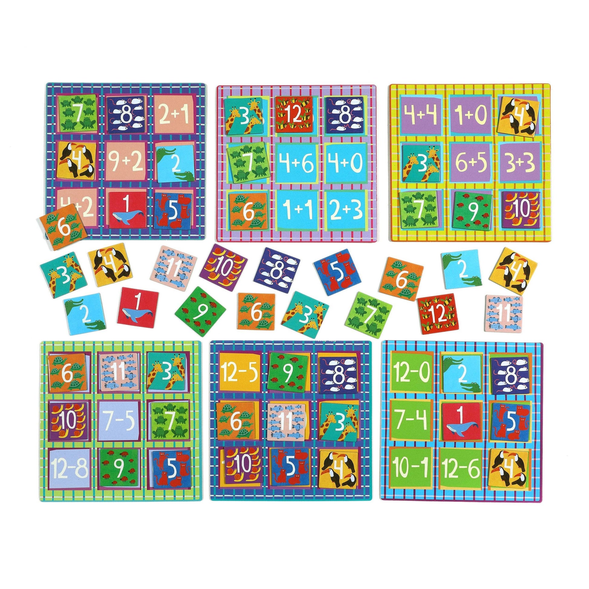 Set of colorful math educational tiles with numbers and operations on a white background