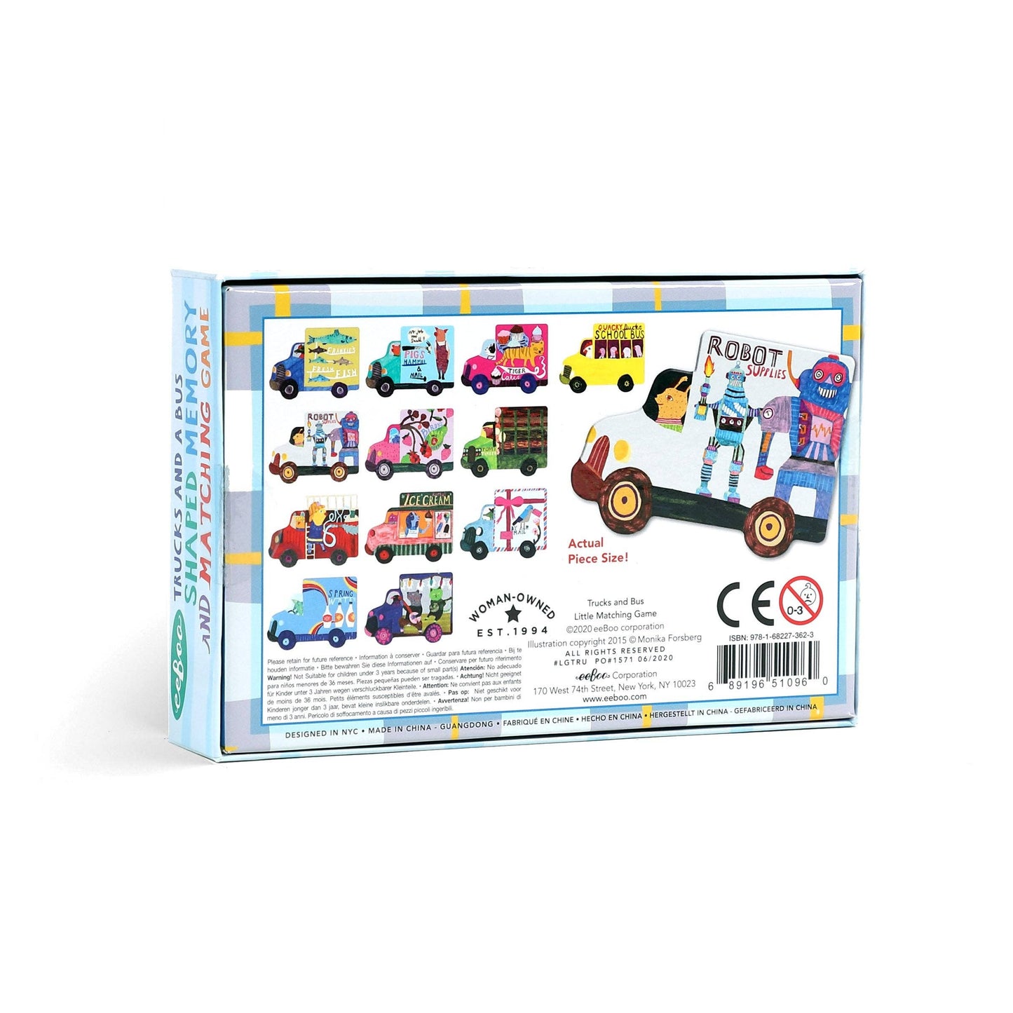 Children's educational game packaging with illustrations of vehicles and robots on a white background