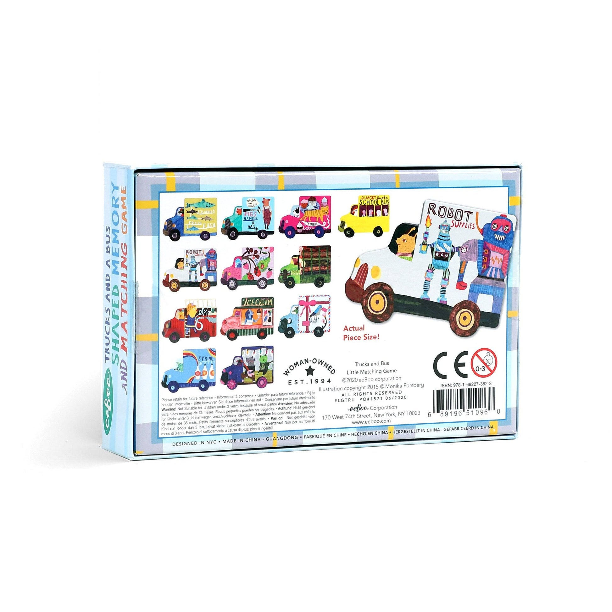 Children's educational game packaging with illustrations of vehicles and robots on a white background