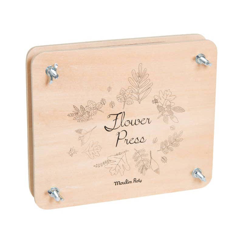 Wooden flower press with floral designs and 'Maudlin Rose' branding on a white background