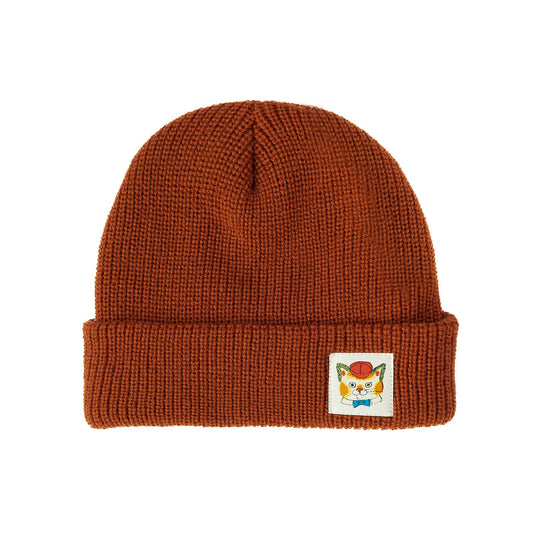 Brown knit beanie with a cat patch on a white background