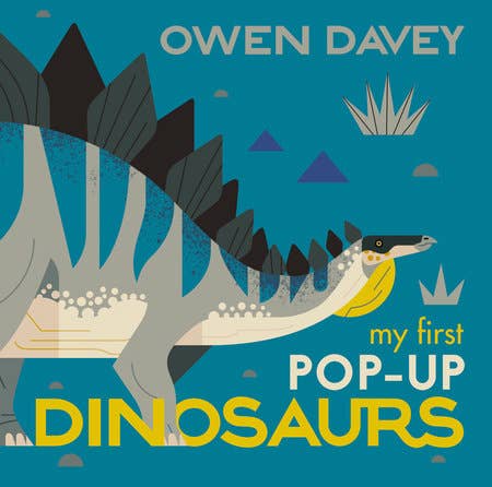 Book cover of 'My First Pop-Up Dinosaurs' by Owen Davey with a dinosaur illustration on a blue background.