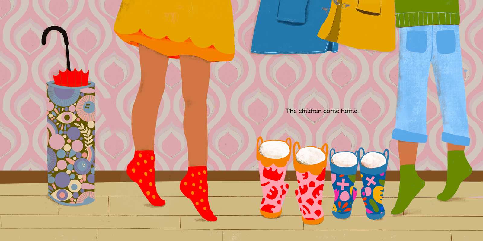 Illustration of children's feet on tip toe, near colorful rain boots with a pink wall and umbrella in the background.