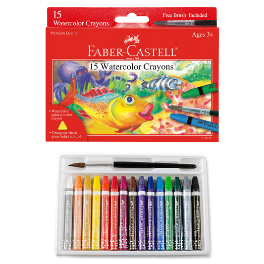 Faber-Castell watercolor crayon set with 15 crayons and a brush on a white background