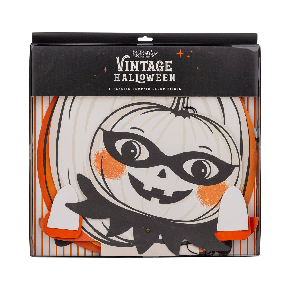 Photo showing paper hanging characters in their packaging. A jackolantern figure is shown through the plastic cover.