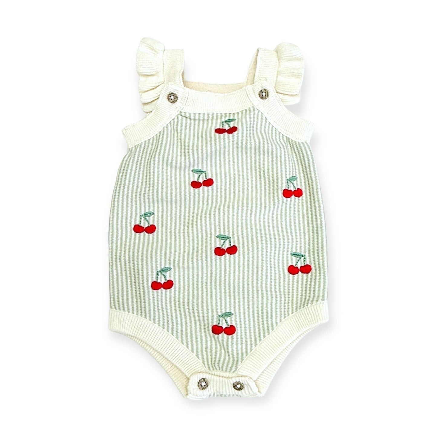 Baby romper with cherry pattern on a white background