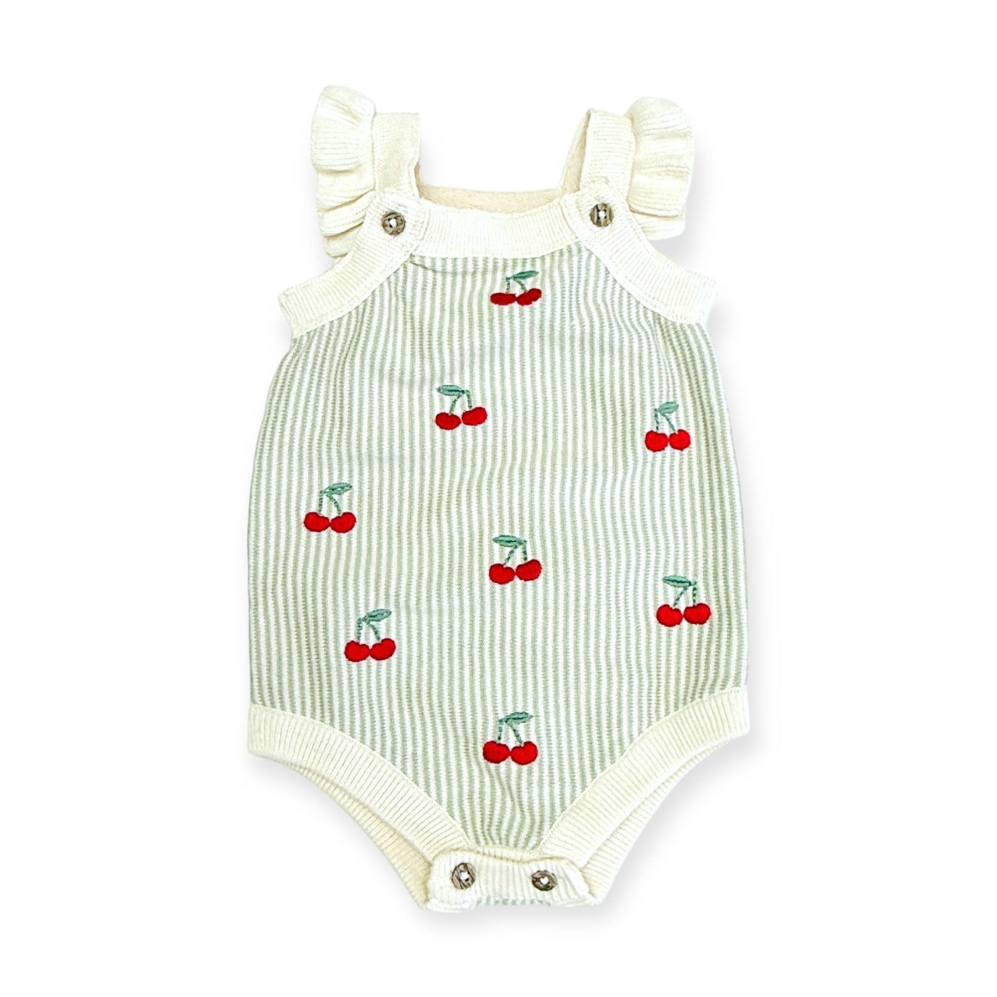 Baby romper with cherry pattern on a white background
