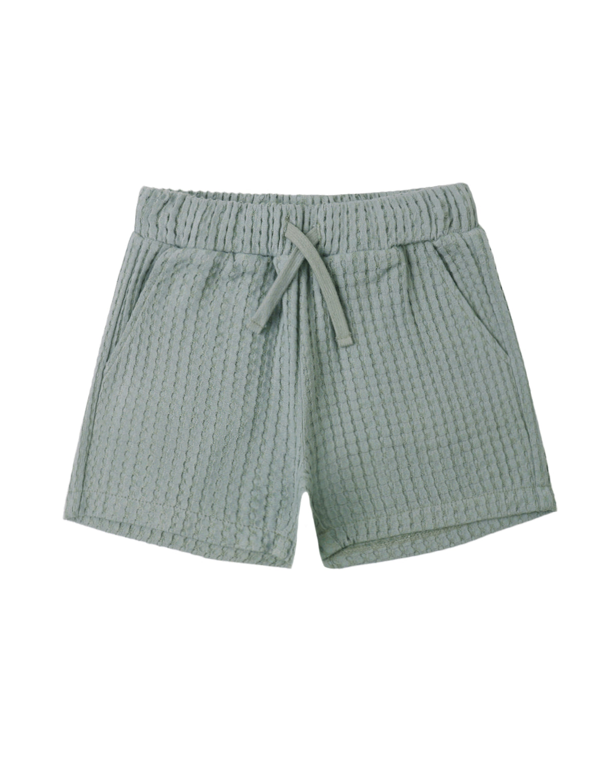 Green waffle knit shorts with a drawstring on a white background