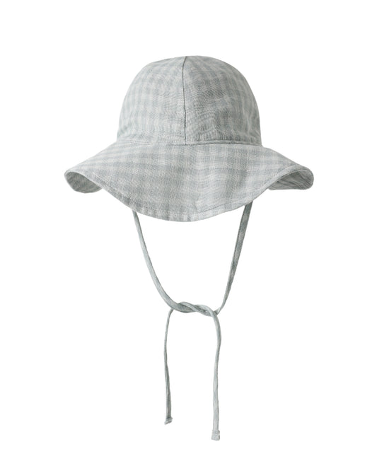 Green checkered bucket hat with chin strap on a white background