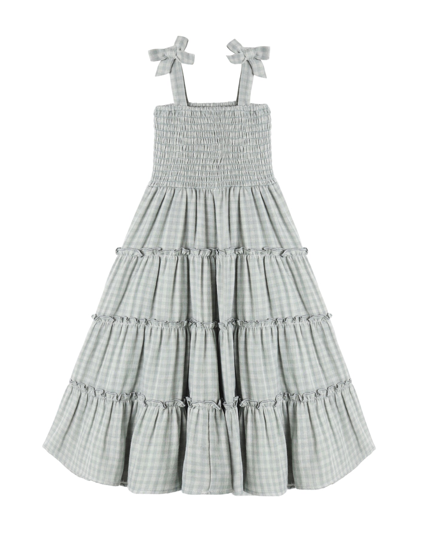 Green gingham checkered dress with tiered skirt and bow straps on a white background