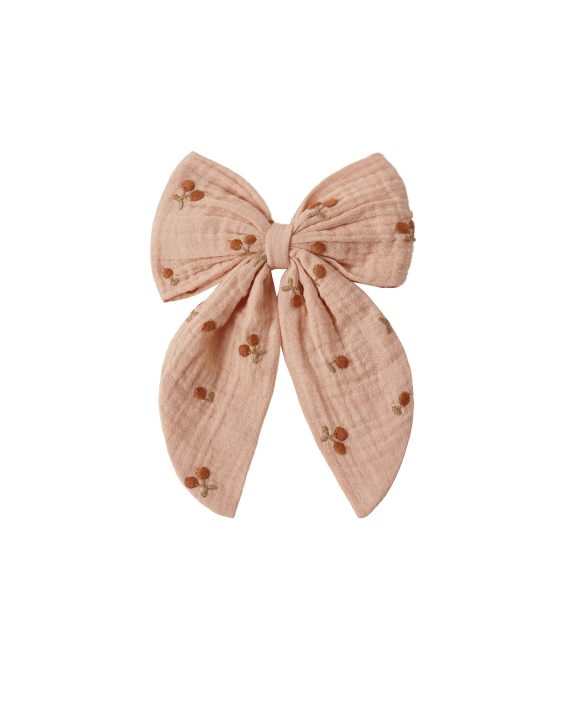 Pink hair bow with cherries on a white background