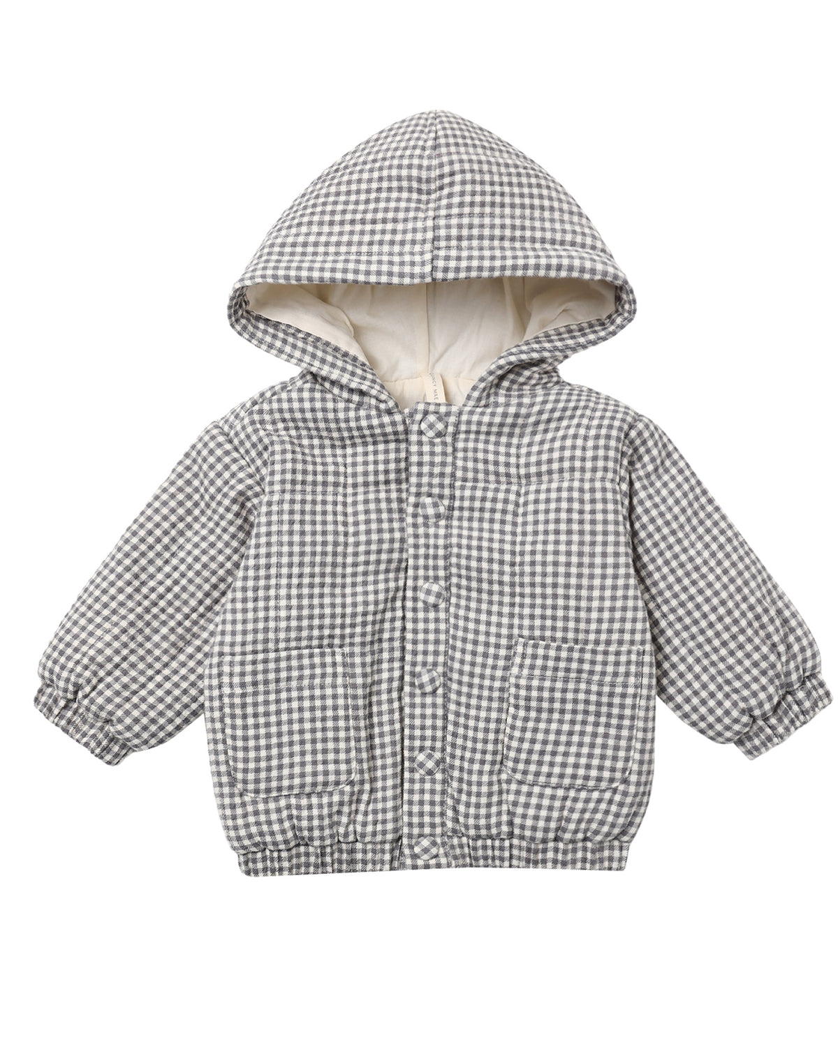  Baby grey gingham jacket featuring front patch pockets, fabric-covered snaps, and elastic at the sleeves, shown on a white background