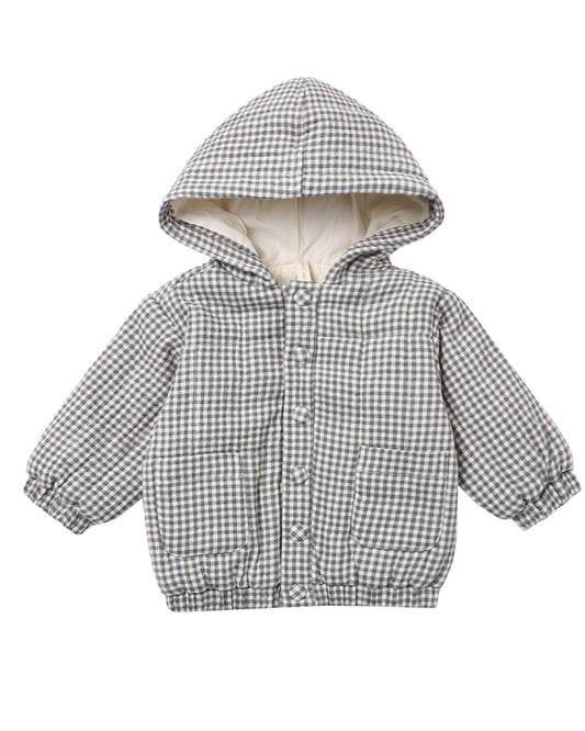  Baby grey gingham jacket featuring front patch pockets, fabric-covered snaps, and elastic at the sleeves, shown on a white background