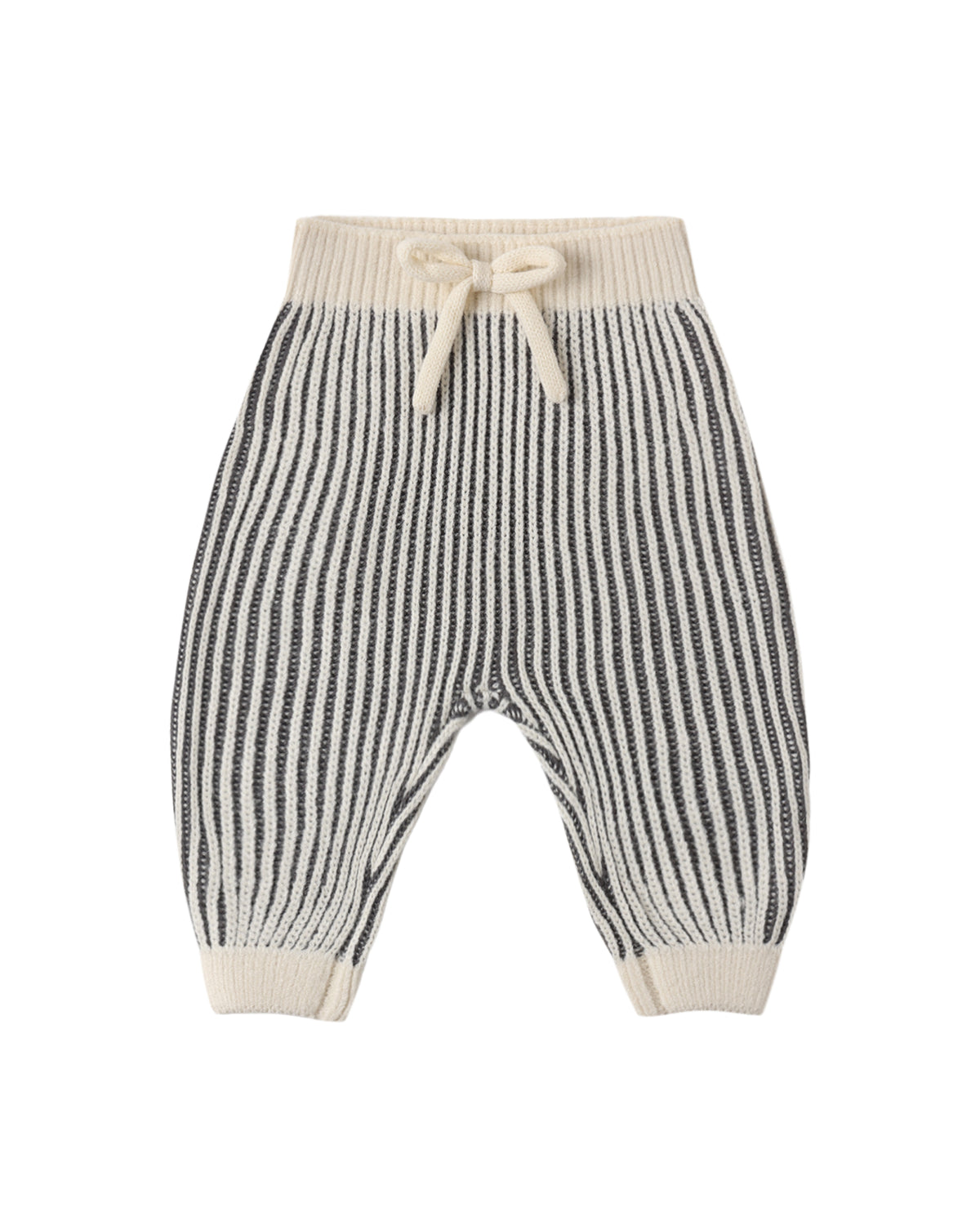 knit baby pants ribbed in dark gray and ivory stripes, cuffed at the bottom, shown on a white background
