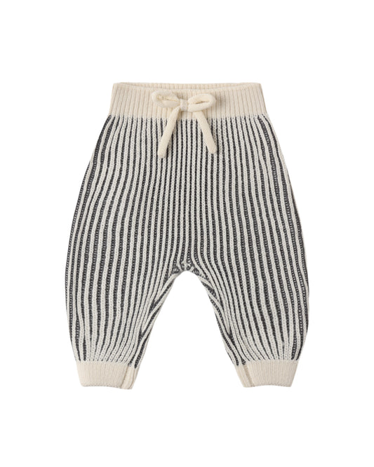 knit baby pants ribbed in dark gray and ivory stripes, cuffed at the bottom, shown on a white background