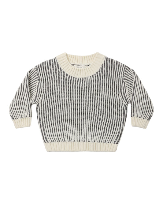 A knit baby sweater with gray and ivory contrast ribbing, shown on a white background