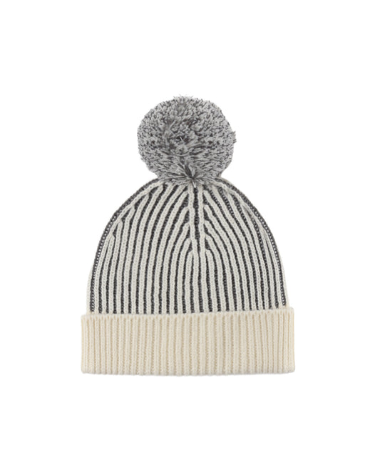 Child's beanie featuring grey and ivory contrast ribbing and a playful pom pom