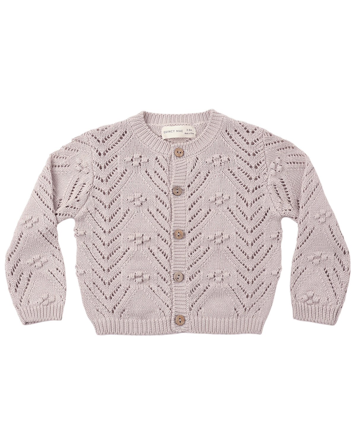 Grey knitted baby & toddler cardigan with buttons down the front, shown on a white background