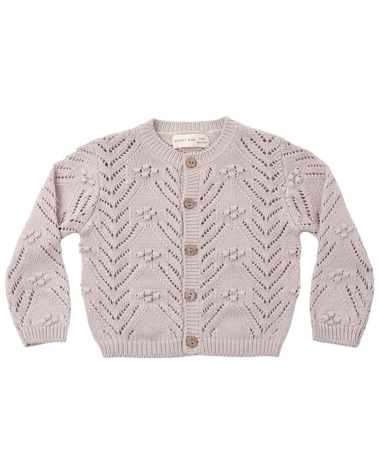 Grey knitted baby & toddler cardigan with buttons down the front, shown on a white background