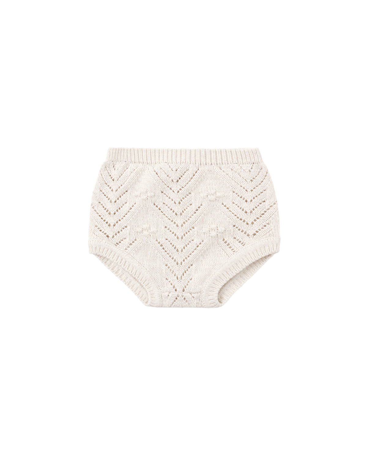 Knitted baby bloomers in oatmeal color, shown on a white background