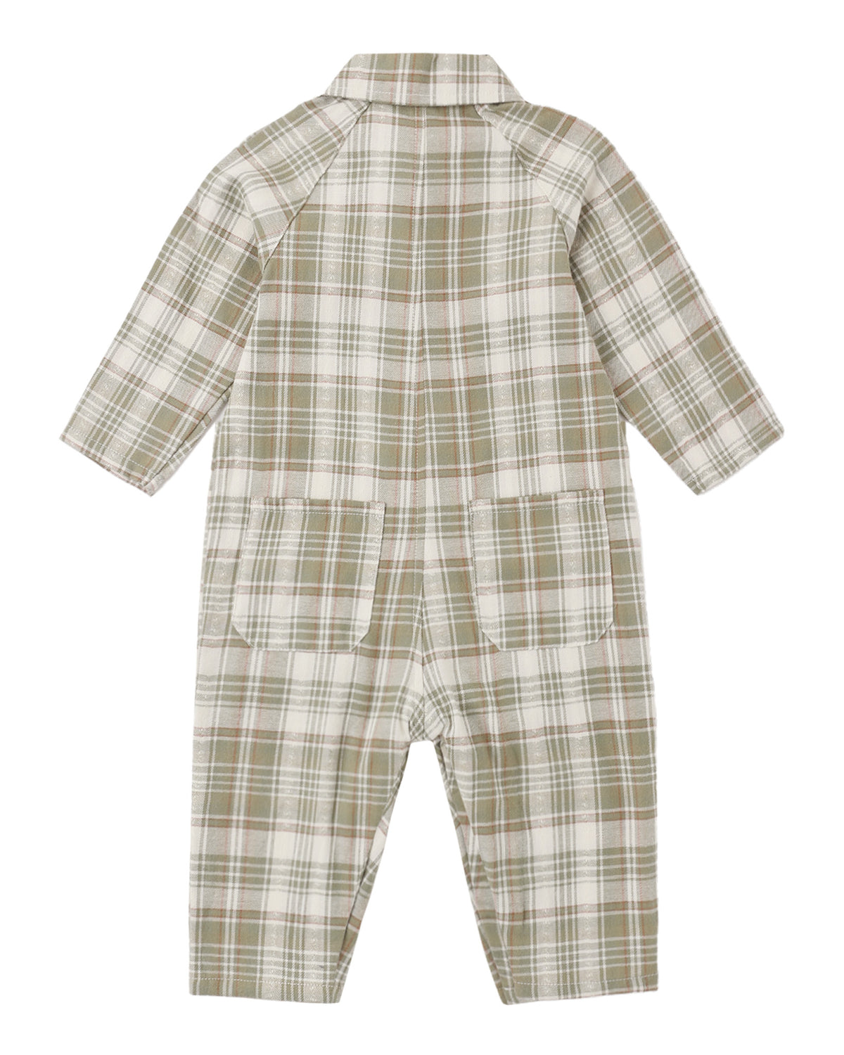 Back of plaid baby jumpsuit in shades of olive green, on a white background